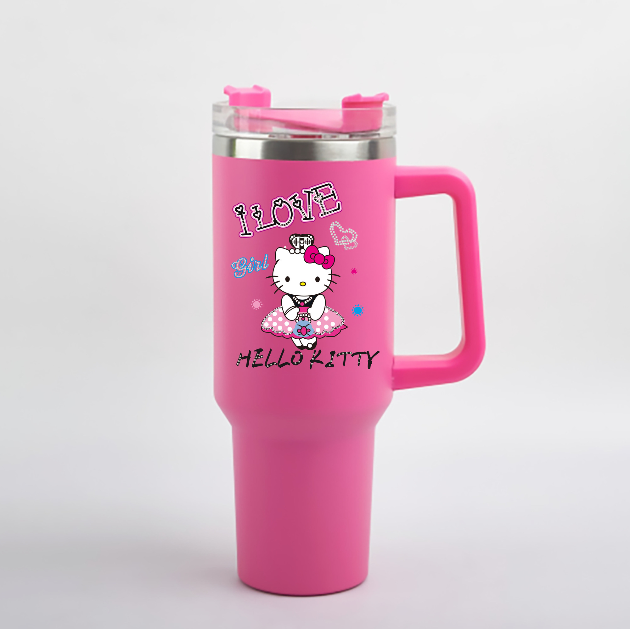 （画像用） Hello Kitty ハローキティ 1200mL車用タンブラー - クリスタルステッカー（プラスチックストロー付き）